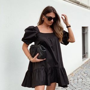 H&M Black Puff Sleeve Mini Cotton Black Dress